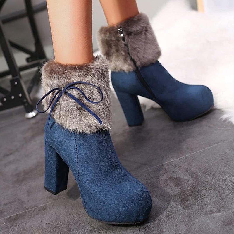 woobles Winter Boot for Women,Women Round Toe Platform Booties Ladies Cute Chunky High Heel Snow Ankle Boot Wedge Zipper Slip On Boot Causal Walking Dress Shoe (Blue, 7) - Image 4